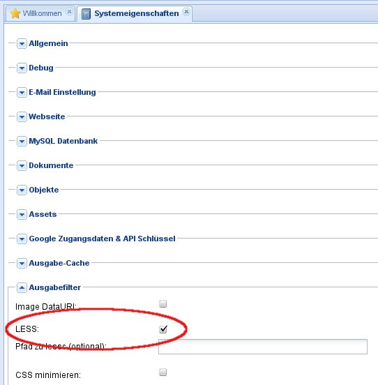 Pimcore: LESS als outputfilter verwenden