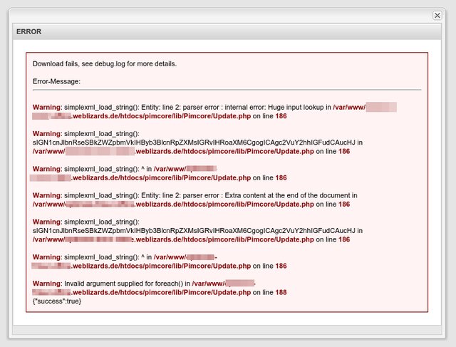 Pimcore Updatefehler in simplexml_load_string() von 2.x auf 3.x